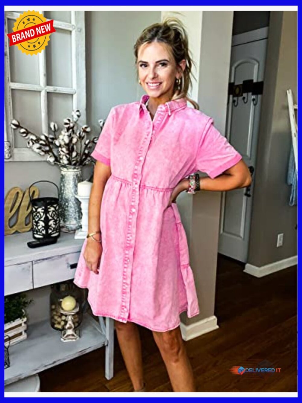 Short Sleeve Button Down Flowy Tiered Babydoll Denim Dress - Picture 3 of 7